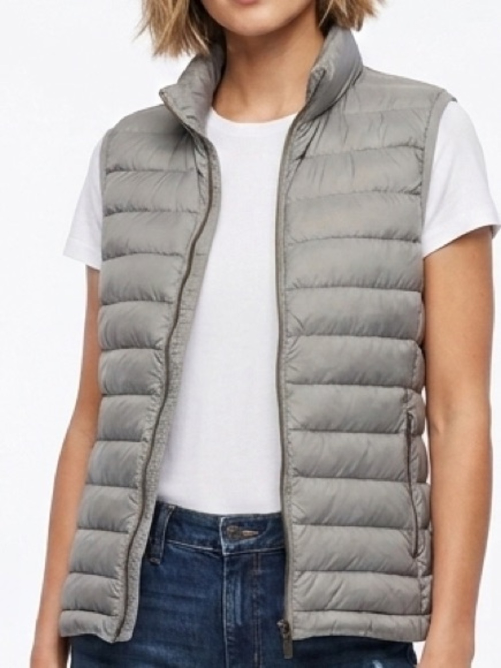 MASSIMO DUTTI Grey Feather Down Filled Quilted Puffer Vest Size Small *FLAW*